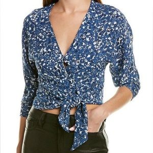 PARKER V-Neck Blue White Black Floral Willows Print Tie Front Blouse